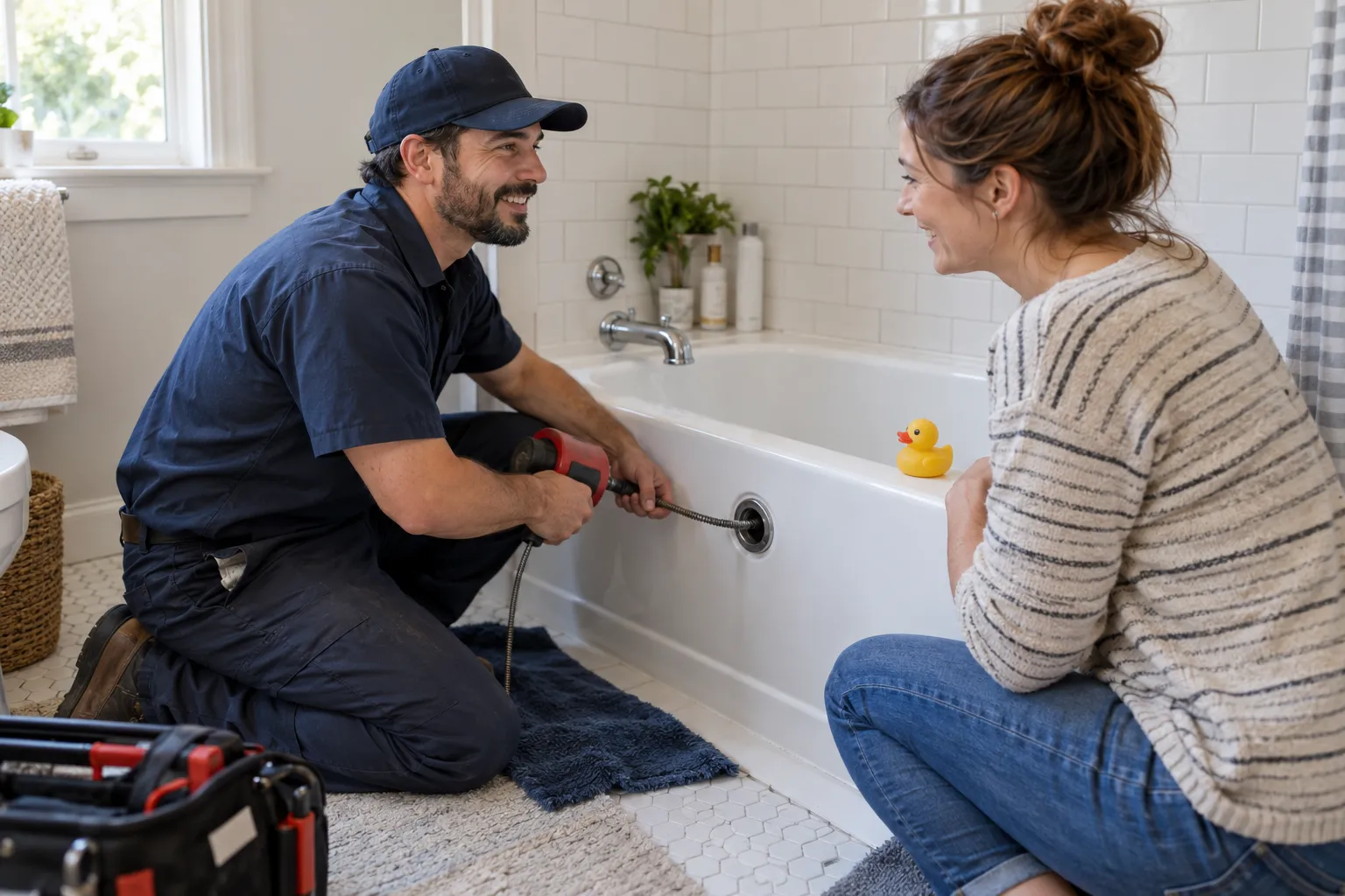 A homeowner looking at a slow bathroom drain while a provider explains options