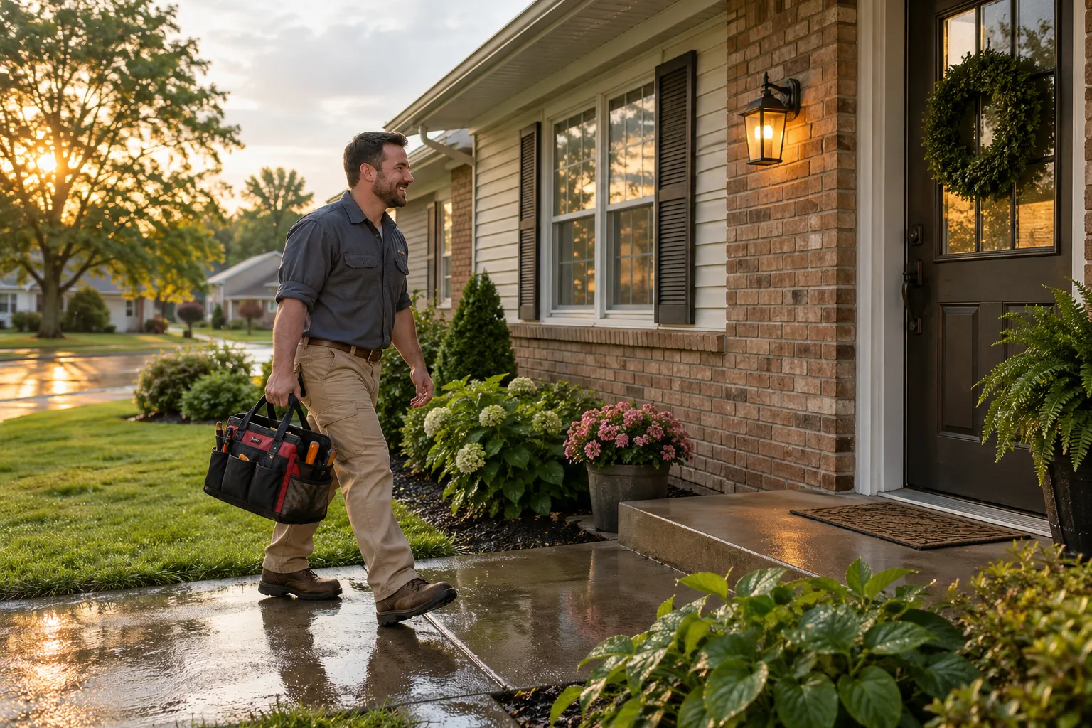 A brick and vinyl-sided ranch home with a tidy lawn in the Plano area after a rain shower
